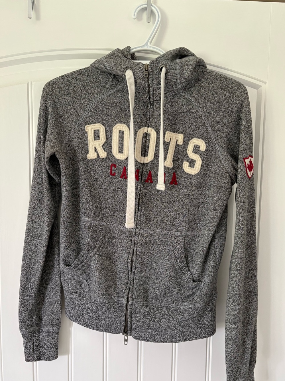 Roots Canada Grey Heather Zip-Up Hoodie with Embroidered Label